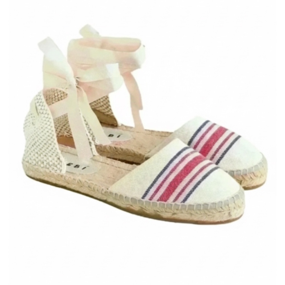 Manebi Hamptons Striped Canvas Espadrilles With Ankle Ties In Tan Size 39/9 NWOT